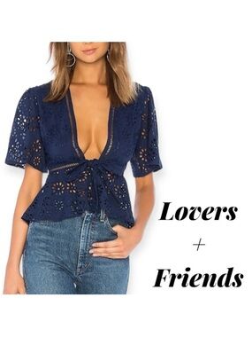 Lovers + Friends navy blue eyelet lace 
Thea Top in Deep Navy tie front top